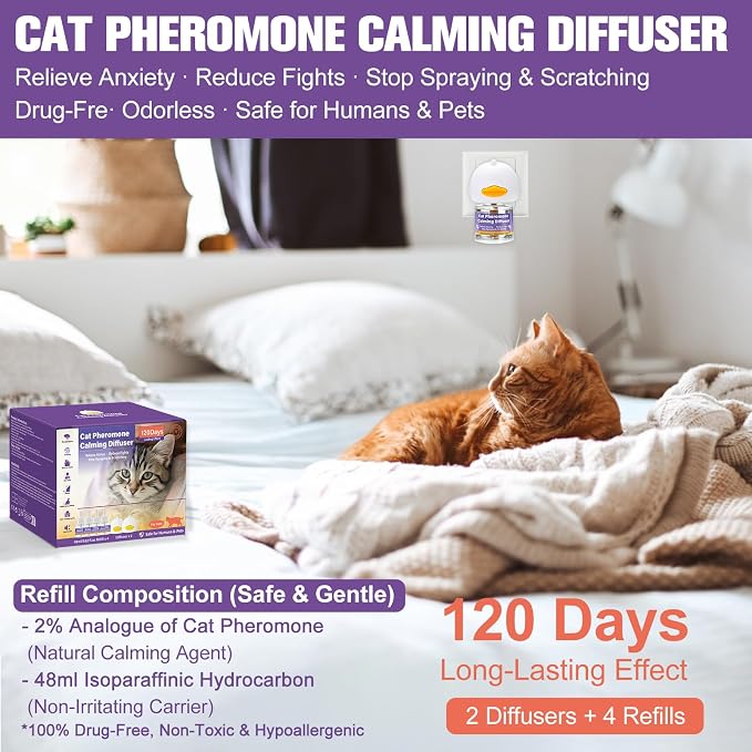 Cat Calming Pheromone Diffuser, 4 Refills 48ml & 2 Diffusers, 120 Days Long-Lasting, Relieve Anxiety, Reduce Fighting, Spraying & Scratching, Safe for Cats Kittens & Humans