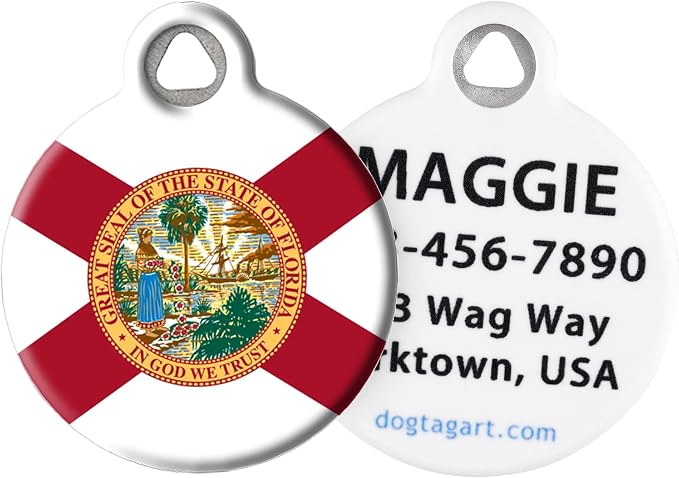 Flag of Florida Personalized Pet ID Tag for Dogs and Cats, Silent Polymer Coated Stainless Steel Floridian Nametag with Customized Identification Information - Small .875" Diameter