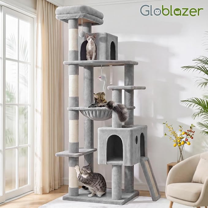 Globlazer Heavy Duty Cat Tree, 70 inch Sturdy Cat Tree for Indoor Cats Extra Large Cat Tower with Scratching Post, Hammock, Cat Condo for Adult Cats Kittens, F70 Pro, Light Grey