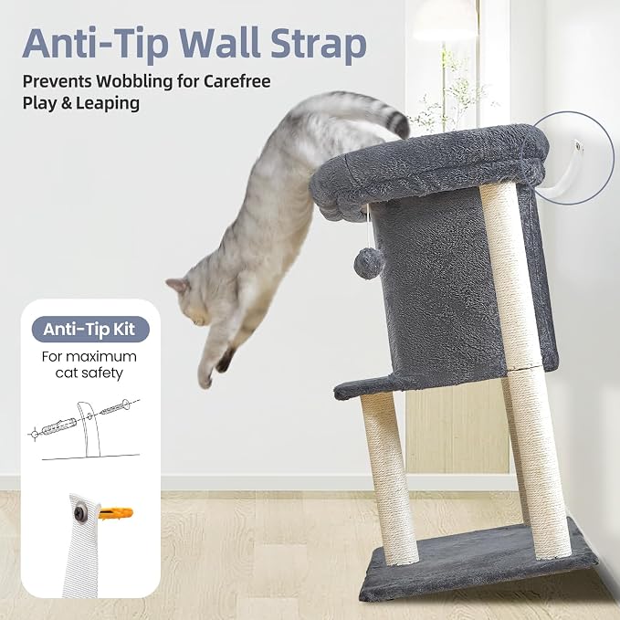 Cat Tree Tower Scratching Post for Indoor Large Adult Cats with Perch Bed | 28in Tall Small Cat Trees House with Big Perch, Condo, Toy Balls, Modern Kitten Climbing Furniture Platform, Dark Gray