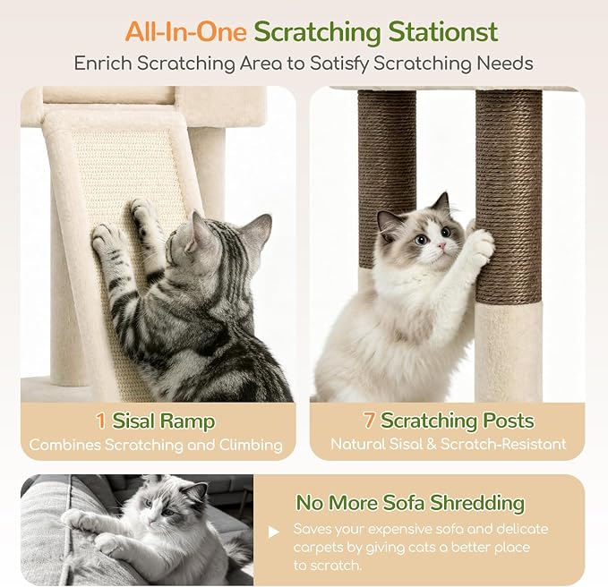 Globlazer 84in Extra Tall Cat Tree Tower for Indoor Large Cats 20lbs, F84G | Multi-Level Big Climbing Tower, 7 Scratching Posts & Board, 2 Cat Condos with Pad, 2 Soft Perches, 2 Sturdy Baskets, Beige