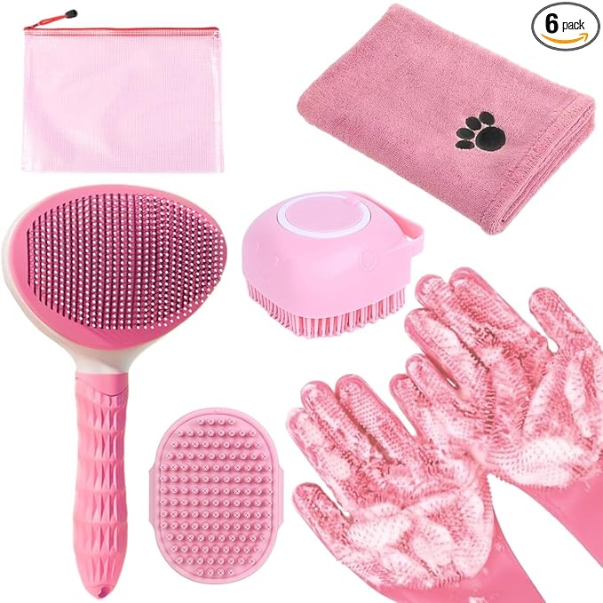 Bath Grooming Kit for Pets - Hair Brush Set with Towel, Washing Gloves, and Shampoo Scrubber Brush for Dogs and Cats (Pink)