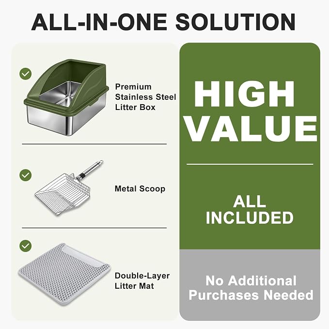 AIPERRO Stainless Steel Litter Box | XL Enclosed Metal Cat Litter Boxes | High Sided with Lid for Big Cats | Anti-Urine Leakage | Non-Stick Bottom & Includes Litter Mat & Metal Scoop (Olive Green)