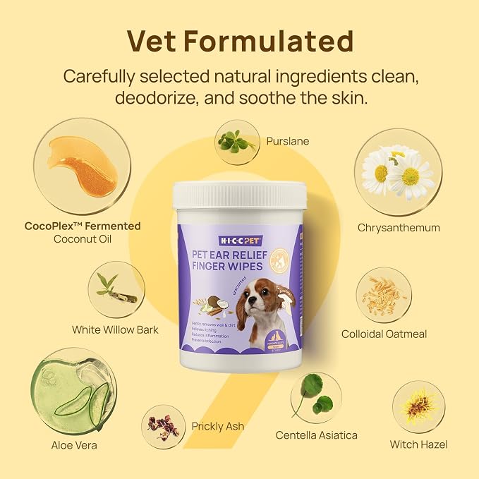 HICC PET Ear Cleaner Finger Wipes for Dogs & Cats, Clean Wax, Dirt & Odor, Soothing Itchy Ears, Gentle and Hypoallergenic Ear Cleaning Wipes for Daily Care-100ct(Unscented)