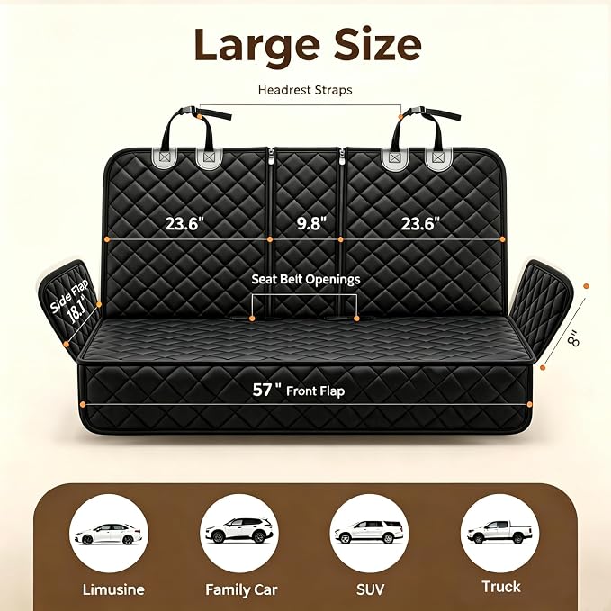 Yuntec Pet Car Seat Cover Back Seat Cover for Dogs Waterproof Dog Car Seat Cover Protector Scratchproof Durable Rear Seat Cover fits Middle Armrest for Cars Suvs Truck (57” Width) - Black