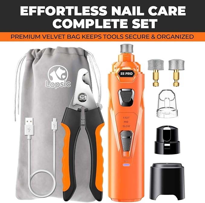 Whisper Quiet Dog Nail Grinder Safe & Stress-Free for Sensitive Dogs Cats | 4 LED Lights,3 Grinding Bits, 3-Speed, Pet Nail Trimmers, Rechargeable Painless Grooming Kit for All Breeds & Sizes