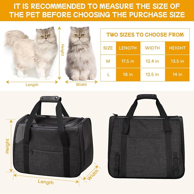Cat Carrier Soft-Sided for Big Medium Cats, Dog Carriers for Small Dogs, Airline Approved Pet Travel Carrier for Cats Puppies up to 15Lbs with Safety Zippers Foldable Bowl, 17.5x12.4x13.5, Black