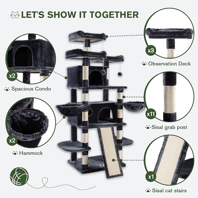 68 Inches Multi-Level Large Cat Tree for Large Kitties/Big Cat Tower with Condo/Cozy Plush Perches/Sisal Scratching Posts and Hammocks/ ‌Feline Activity Center Play House/Smoky Grey