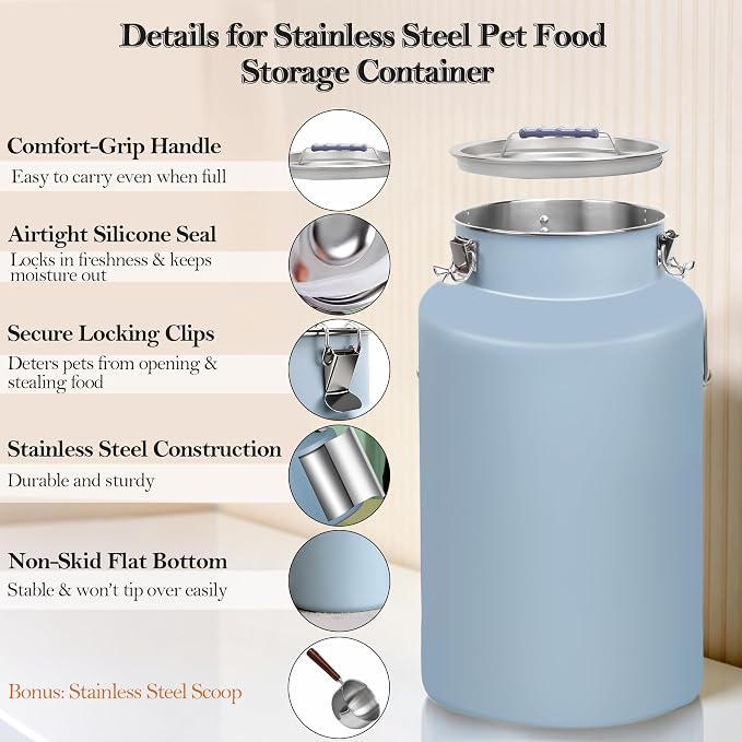 30lb Stainless Steel Dog Food Storage Container with Lid and Scoop | Airtight Metal Pet Food Storage, Large Capacity, Durable, Rust-Proof, Moisture-Proof, Keeps Kibble Fresh for Daily Use