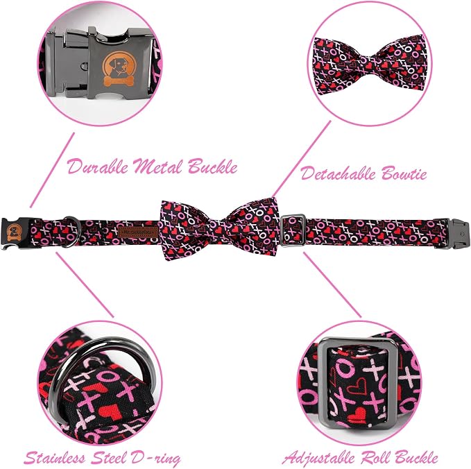 ·MR. CHUBBYFACE· Valentine's Dog Collar with Bowtie, XOXO Red Heart Dog Collar with Metal Buckle, Cute Adjustable Boy Girl Female Collars for Small Medium Large Dogs