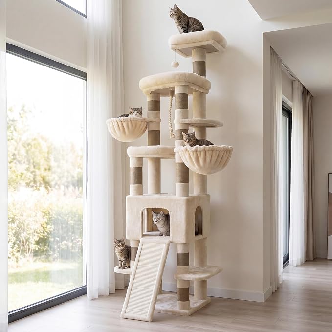 Heybly Cat Tree, 82.7″ Extra Tall Cat Tower for Large Cats Adult HCT063MJ | Giant Cat Condo with Multi-Level Platforms, 2 Baskets, Spacious Cat Cave, Wide Sisal Scratching Board, Beige
