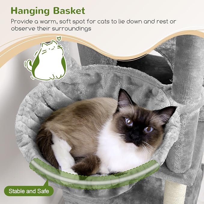 Globlazer Extra Tall Cat Tree Tower for Indoor Cats, 76in, F76, Light Grey | Multi-Level Cat Furniture with Cozy Condos,Hammock and Perches for Large Adult Cats, Perfect for Climbing, Scratching