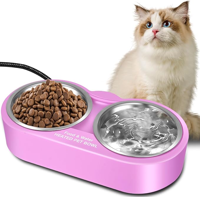 Heated Water Bowl for Dog & Cat, Outdoor Indoor Heated Pet Bowl with 2 Stainless Steel Bowl 48 OZ Large Capacity Provide Non Freezing Water & Food in Winter Double Heated Sink