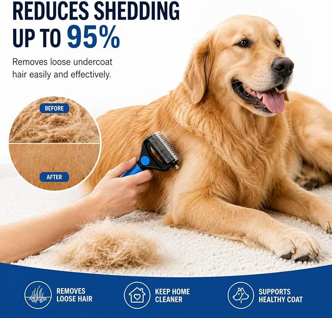 Deshedding Dog Brush，3-in-1 Undercoat Rake for Dogs (Blue) | Pet Pro Grooming Tool – Ultimate Dematting Comb & Deshedding Brush for Cats and Dogs, Perfect for Shedding & Detangling
