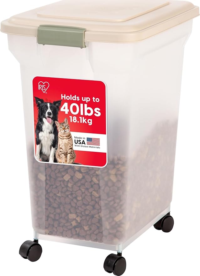 IRIS USA Dog Food Storage Container, Up to 40 lbs, Almond, Made in USA | Wheels for Mobility, Airtight Seal, BPA-Free, Best for Bird Seed, Cat food, Cat Litter, Chicken Feed, Pellets