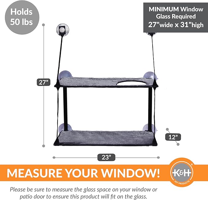 K&H Cat Window Perch, EZ Mount Double Stack Kitty Sill For Large Cats, Gray | Sturdy Cat Window Hammock Bed, Fits 27in Wx31in H Glass Spaces, Steel Frame & Suction Cups, 2 Washable Shelf Covers, Foldable