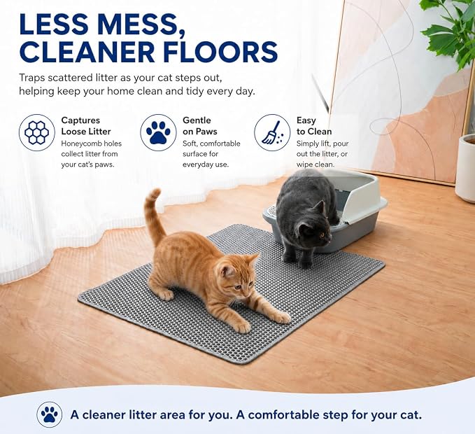 Large Cat Litter Mat 30 x 24 Inch, Double-Layer Honeycomb Litter Trapping Mat with Waterproof Leatherette Bottom, Urine-Resistant, Non-Slip, Easy to Clean, Gray