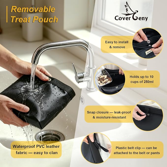 Dog Treat Pouch Open Top for Quick & Spill-Proof Access, Removable Pouch|Poop Bag Dispenser|3 Ways to Wear, Dog Treat Bag - Collapsible Bowl, Training Clicker & Poop Bag for Training & Walking. (Grey)