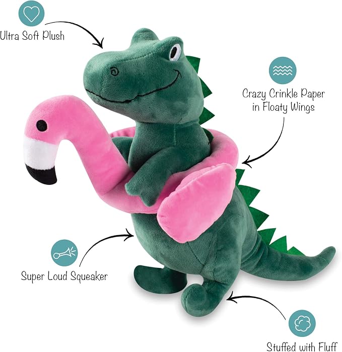 Fringe Studio Squeaker Large Pet Toy, Flamingo Fun T-Rex, 14.5" Tall x 11.5" Wide, PetShop Collection (728003)
