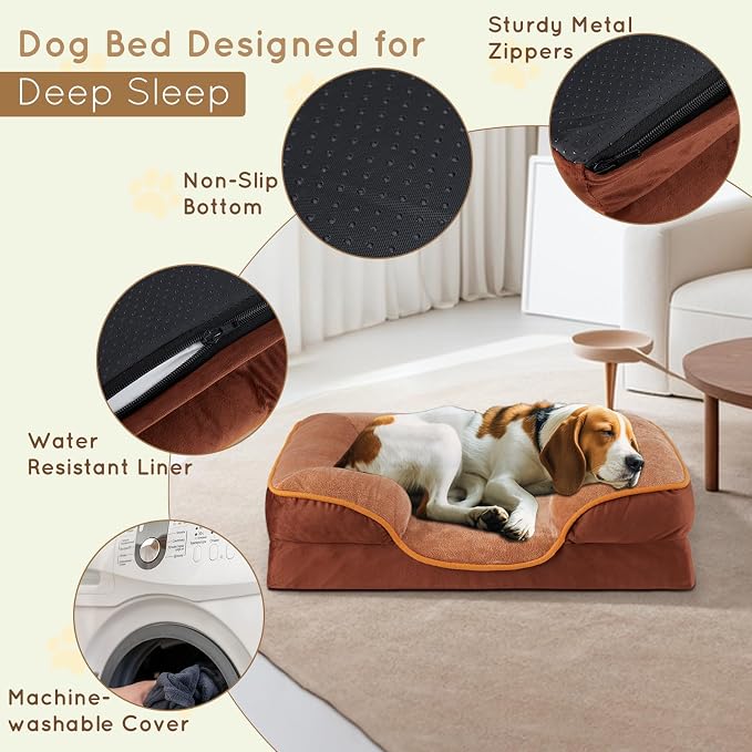 FluffyDream 35 inch Memory Egg-Crate Foam Dog Bed, Orthopedic Pet Couch Bed with Washable Removable Cover, Brown