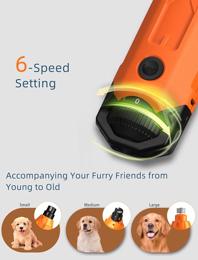 6-Speed Dog Nail Grinder & 3 Grinding Heads Super Quiet 45dB with 2 LED Lights 12000RPM Pet Nail Grinder& 3 Grinding Ports Dog Nail Trimmer for Large Medium Small Dogs with Dust Cap
