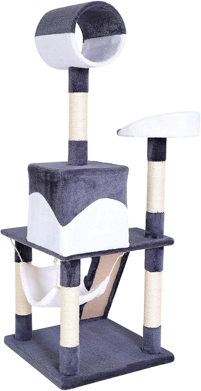 lionto Scratching Tree for Cats with Hammock & Tunnel, Height 52,4 in, cat Tree with sisal Rope & Soft Plush, Cozy Lying Areas & Caves, Suitable for Small & Large Cats, Gray/White
