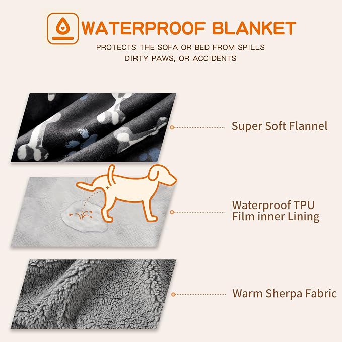 Waterproof Dog Blankets Pet Blanket, 30"x40" Cat Blanket for Indoor Cats, Soft Fluffy Sofa Car Bed Protector, Reversible Sherpa Fleece Puppy Blanket for Small Medium Dogs(Navy Paws)
