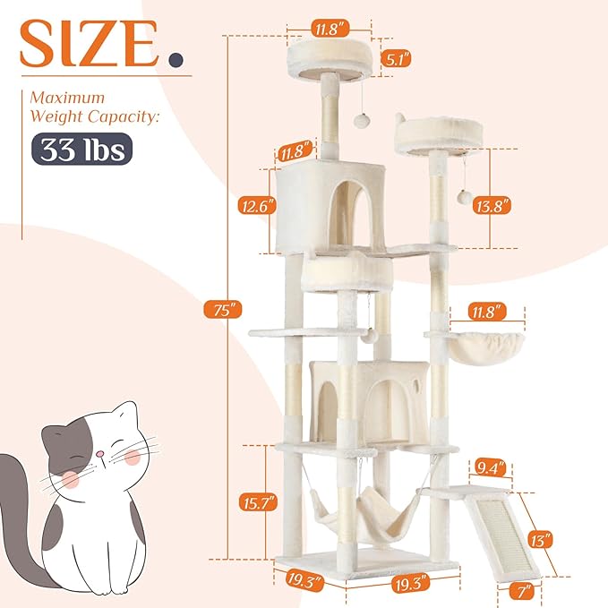 DUMOS Tall 75 inch Cat Tree Tower with Scratching Posts, Indoor Cats Use | Large Multi Level Cat Climbing Tower with Condo, Platform, Hammock, Basket, Pet Tree House for Kittens Play, Beige