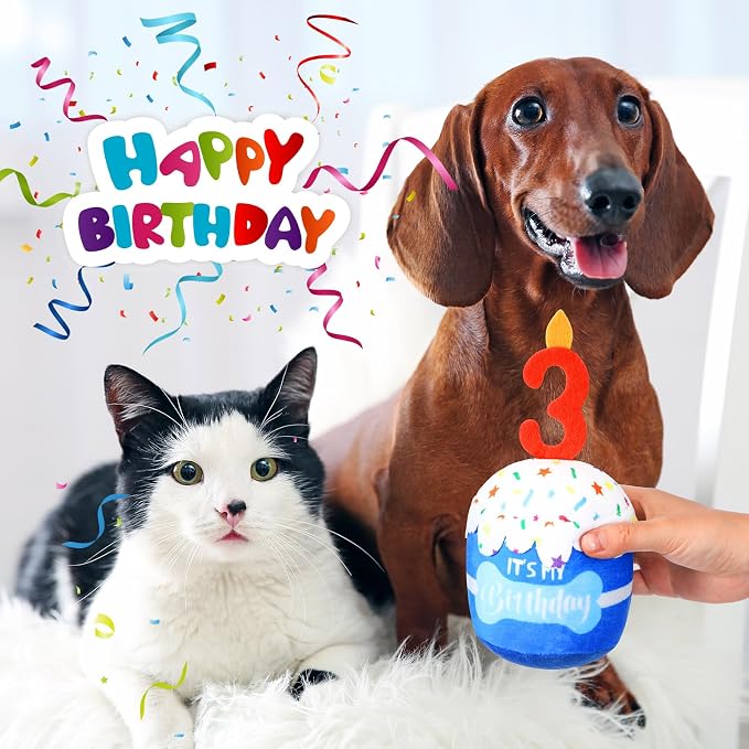 Dansydaisy Dog Birthday Cake Toy Squeaky Plush Toy for Girl Boy Gifts, Chew Accessories for Dog Birthday Party Decor Favor for Large, Medium and Small Dogs(3rd,Blue)