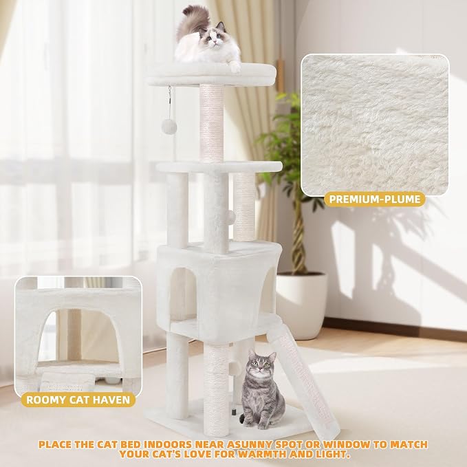 HUITREE 45in Cat Tree Tower with Big Condo for Indoor Kitten,Cat Tower with Scratching Post,Scratching Board and Cat Toys,Multi-Level,Small Space,Transformer Cat Tree, Beige(New)