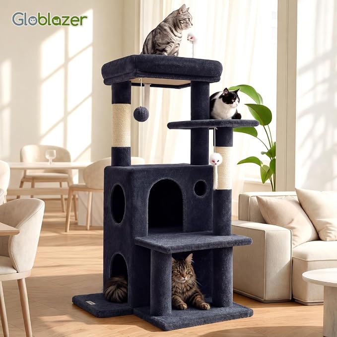 Globlazer Cat Tree Tower for Indoor Cats, 50-inch Adult Cat Tree House for Large Adult Cats with Steps, Scratching Post, 2 Cat Caves, Dangling Toys, FC50, Dark Grey