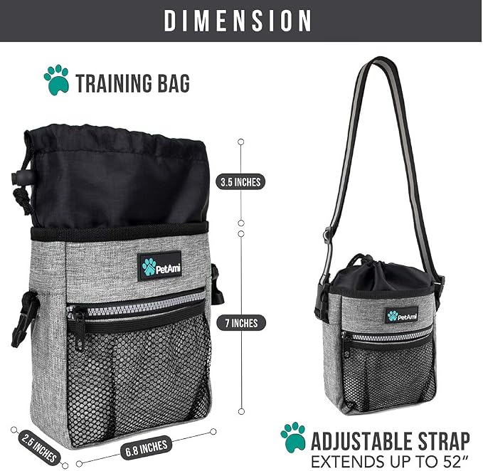 PetAmi Dog Treat Pouch, Pet Treat Pouch For Training, Dog Walking Bag Holder for Kibbles, Pet Food Toy, Dog Trainer Essentials Supplies, Poop Bag Dispenser, 3 Ways to Wear (Heather Gray)