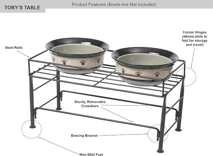 PetRageous 81031 Tobys Set The Table Steel Frame Dog Feeder, 7-Inch Tall by 18-Inch Long and 8.5-Inch Wide, Holds Two 8-Inch Diameter Bowls, for Medium Dogs And Cats, Black