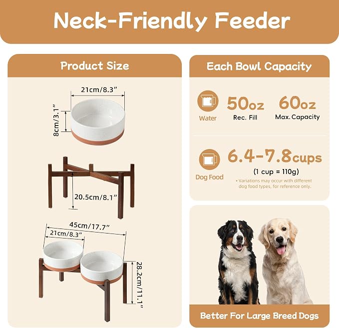 Havniva 8.2" Elevated Dog Bowls Ceramic Raised Dog Bowl with Non-Slip Stand (Acacia Wood) Weighted Dog Food & Water Bowl for Large Breed Dogs - 7.6 Cups 60 oz