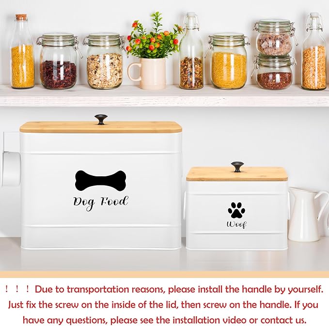 Newtay 2Pcs Extra Large Metal Dog Food Containers Airtight 12 & 3.5 Lbs Dog Treat Snack Jars Set of 2 with Bamboo Lids and Spoons Farmhouse Big Pet Cookie Storage Jars for Kitchen Counter Gift (White)
