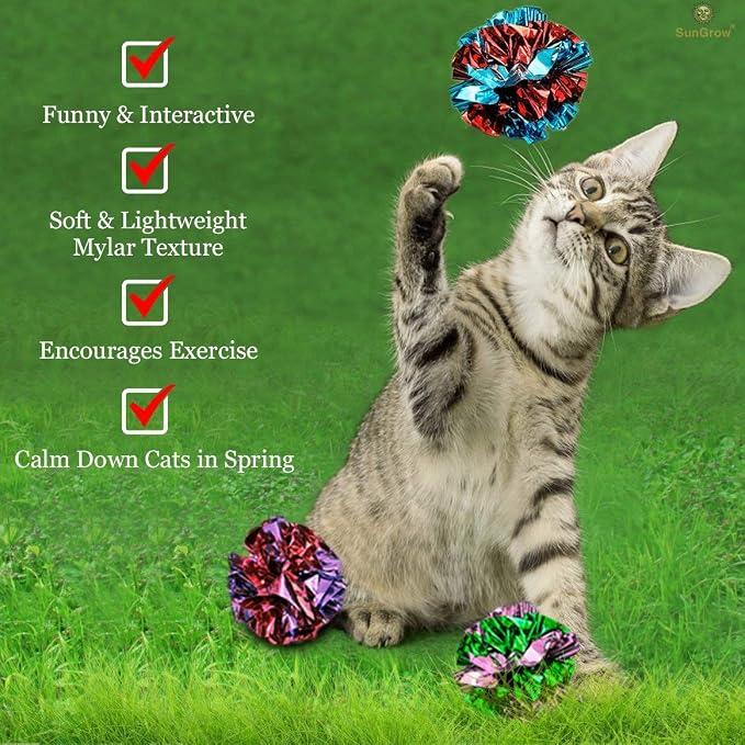 SunGrow 24 Pcs Cat Mylar Crinkle Balls, 2" for Exercise to Keep Fit, Lightweight, Multicolor Shiny Foil with Crinkly Sound for Indoor Pet Cat, Kitten