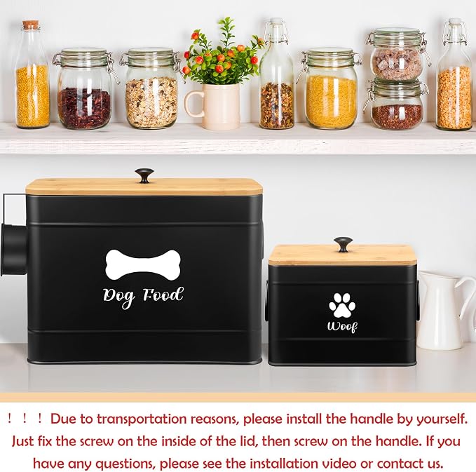 Newtay 2Pcs Extra Large Metal Dog Food Containers Airtight 12 & 3.5 Lbs Dog Treat Snack Jars Set of 2 with Bamboo Lids and Spoons Farmhouse Big Pet Cookie Storage Jars for Kitchen Counter Gift(Black)
