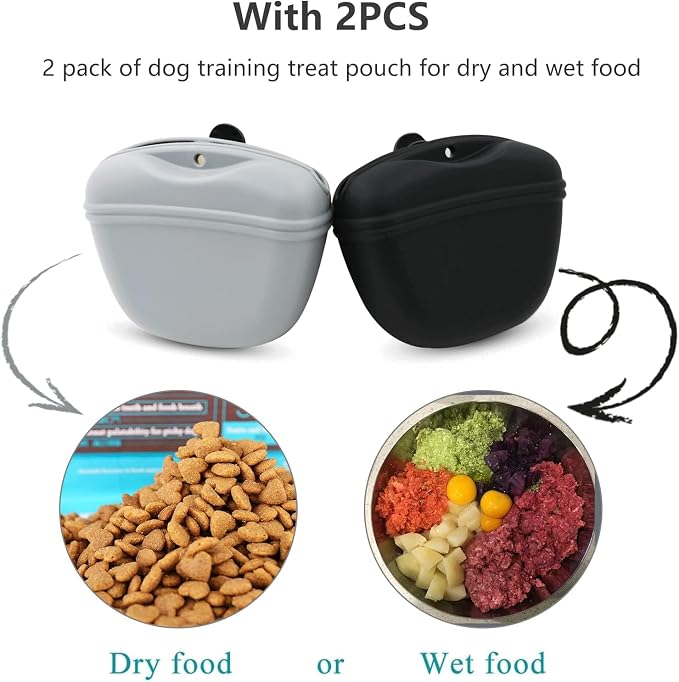 Dog Treat Pouch 2 Pack, Dog Treat Training Pouch, Silicone Pet Treat Bag BPA Free/Clip/Magnetic Dog Walk (Grey & Black & Clickers)