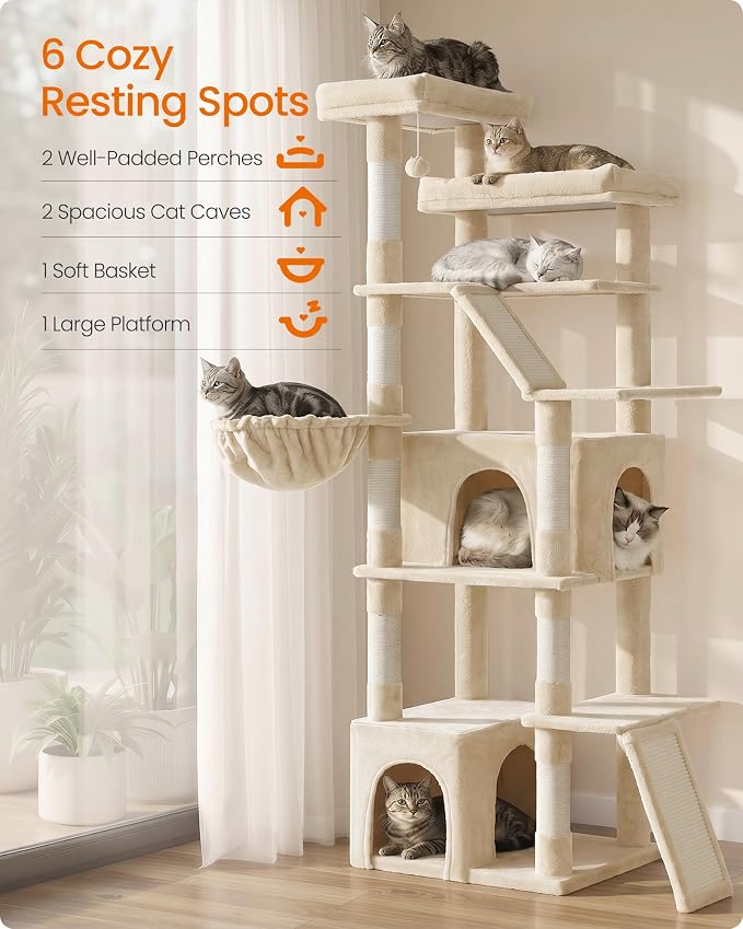 Feandrea 72.6-Inch Tall Cat Tree Tower for Indoor Extra Large Cats, Scratching Posts, Scratching Boards, Multi-Level Design, Beige UPCT014Y101S