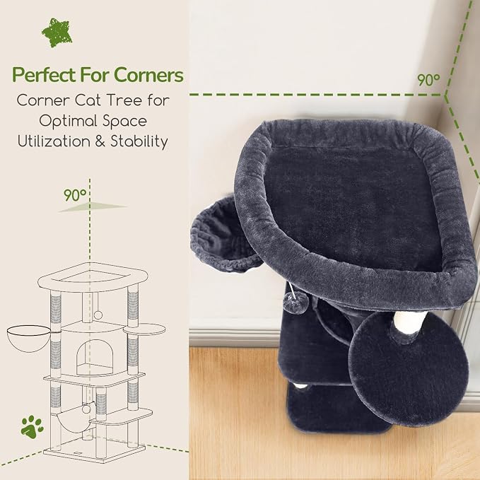 Globlazer Corner Cat Tree Tower with Scratching Post, C51, Dark Grey | 51in Space-Saving Multi-Level Cat Condo for Indoor Cats with Hammock, Large Top Perch for Large Cats, Cozy Cat Cave