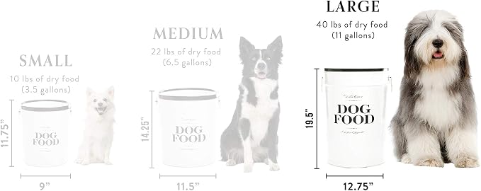 Harry Barker Bon Chien Dog Food Storage Canister – Large 11 gallon, Airtight Stainless Steel Pet Food Container, Stylish Kitchen Counter Dog Kibble Storage with Easy-Open Lid - White