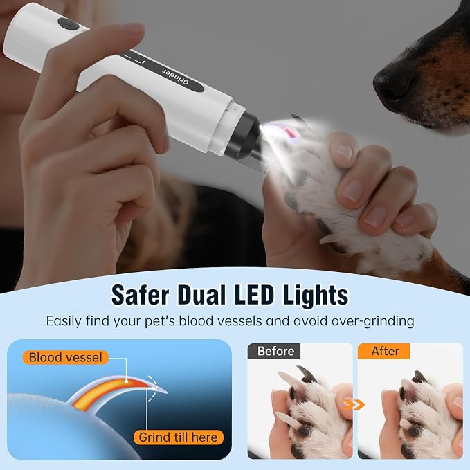 Dog Nail Grinder, Safe Electric Pet Nail Trimmer for Dog Grooming | 7-Speed Adjustable, Quiet Low Vibration, LED Light & Sponge Dust Collector, Painless Trimming, Storage Bag (Black & White)