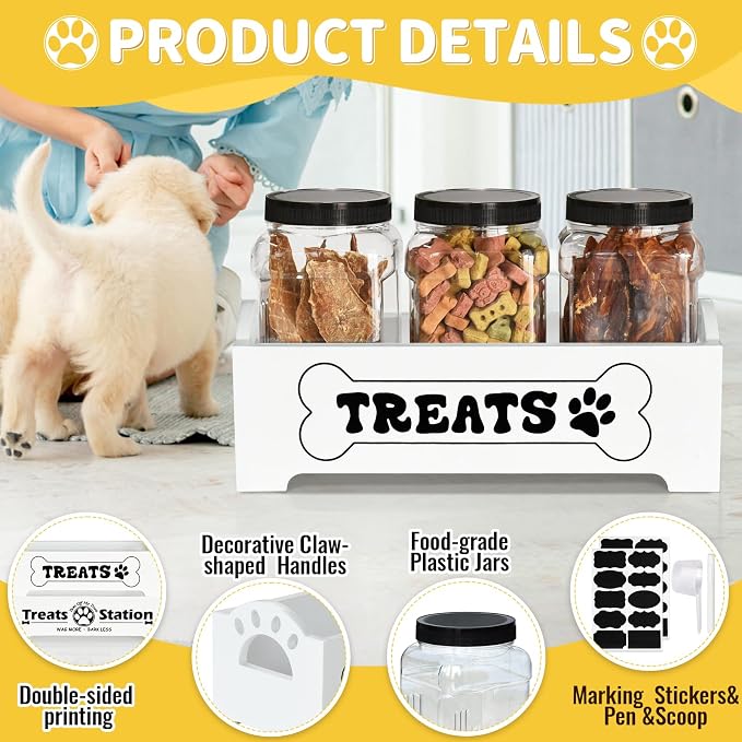 Dog Treat Container Dog Food Storage Container for Countertop, Cat Food Storage Container with 3 Plastic Dog Treat Jar, Dog Food Storage Container for Dog and Cat, White Wooden Dog Food Container
