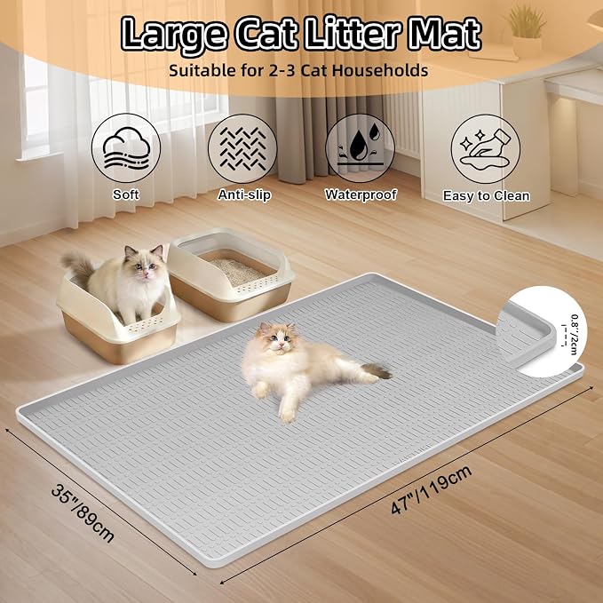 Silicone Cat Litter Mat 47" x 35" Cat Mat for Litter Box, Light Grey | Extra Large Cat Litter Trapping Mat for Floor, Waterproof, Non-Slip Kitty Litter Box Mat with Raised Edge, Easy to Clean