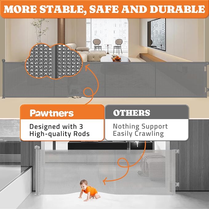 Upgrade 120" Retractable Baby Gates Extra Wide with Reinforced Strips, Mesh Retractable Dog Gate for Garage, 41" Tall Retractable Gate Indoor Outdoor for Pet and Baby-Grey