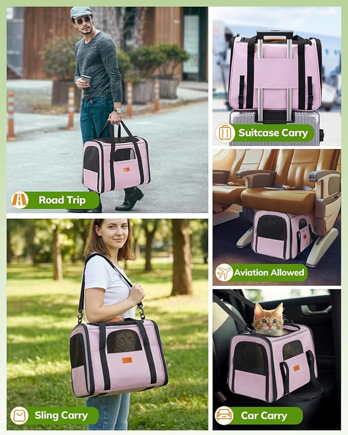 Morpilot Portable Cat Carrier - Soft Cat Carrier for Medium Cats and Puppy up to 15lbs,with Dual-Sided Cushion, Secure Buckle and Foldable Bowl, Dog Carriers for Small Dogs - Pet Carrier (Pink)