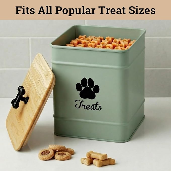 Dog Treat Container Airtight - 6 Inch Wide x 8 Inch Tall Iron Dog Treat Jar for Kitchen Counter with Airtight Bamboo Lid - 12 Cup Capacity Pet Treat Container - Doggie Cookie Jar - Big Treats Canister
