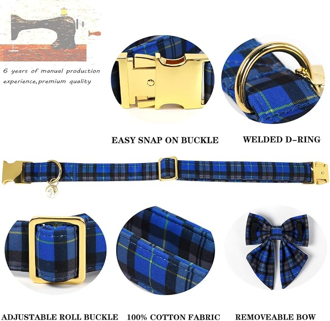 DOGWONG Christmas Dog Collar with Sailor Bow Tie, Blue Plaid Dog Collar Durable Metal Buckle Adjustable Blue Grid Dogs Collars for Small Dogs, S