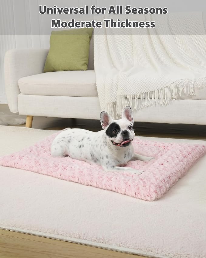 Exsnugy Washable Dog Bed Mat Large Size Fluffy Pet Crate Pad 42x28 XL | Non-Slip Bottom Kennel Beds Ultra Soft Comfy Sleeping Mattress for Large Medium Small Dogs Pink