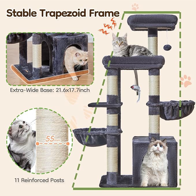 Taoqimiao 53.5in Cat Tree, Heavy Duty Sturdy Cat Tower for Indoor Cats S20G | Easy assembly, Extra Wide Base, Multi-level, 6 Scratching Posts, 2-Post Supported Baskets, Cozy Cave, 2 Perches, Smoke Gray